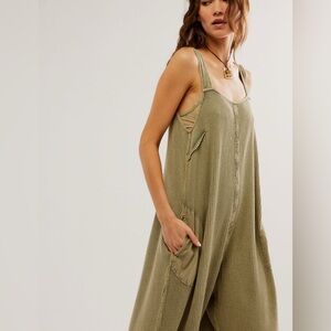 Free People Olive Green Waffle Knit Jumpsuit